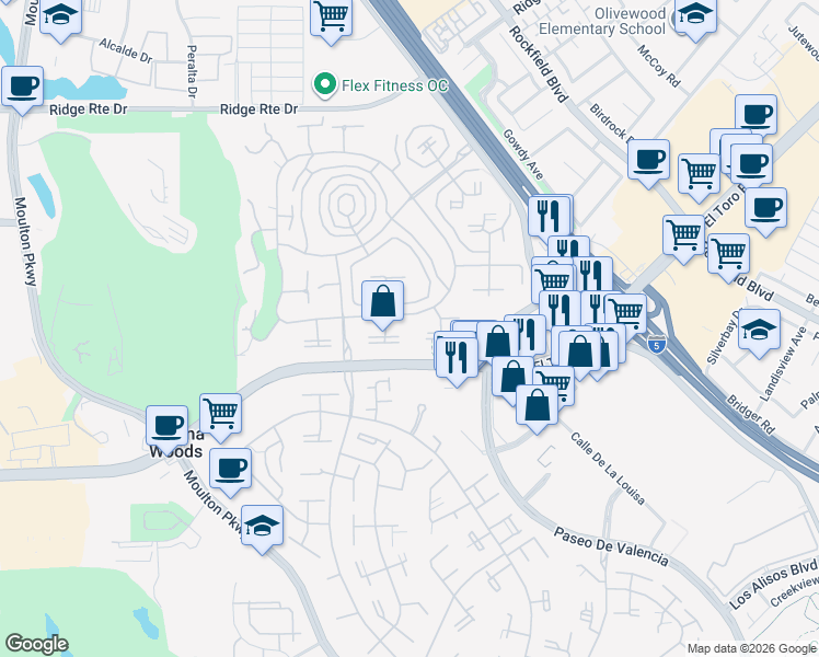 map of restaurants, bars, coffee shops, grocery stores, and more near 2024 Via Mariposa East in Laguna Woods