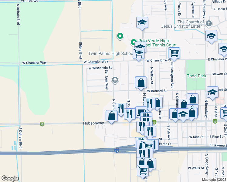 map of restaurants, bars, coffee shops, grocery stores, and more near North Carlton Avenue in Blythe
