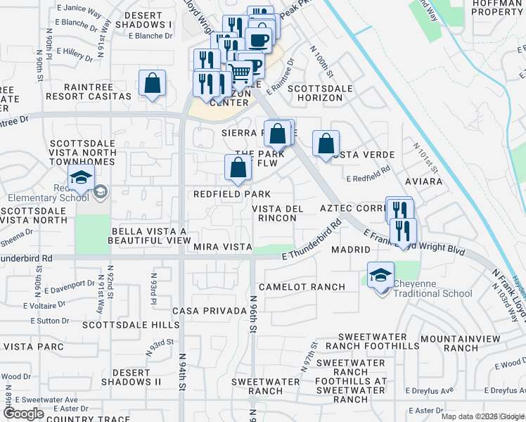 map of restaurants, bars, coffee shops, grocery stores, and more near 9646 East Friess Drive in Scottsdale