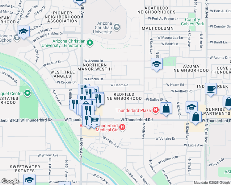 map of restaurants, bars, coffee shops, grocery stores, and more near 5613 West Redfield Road in Glendale