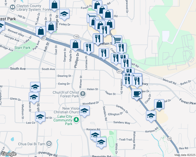 map of restaurants, bars, coffee shops, grocery stores, and more near 5165 Woodland Drive in Forest Park