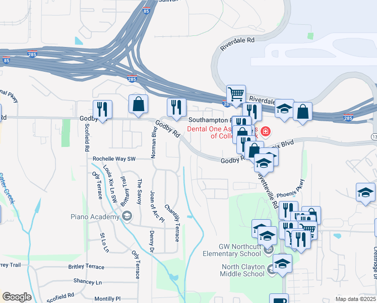 map of restaurants, bars, coffee shops, grocery stores, and more near 5165 Hanover Street in Atlanta