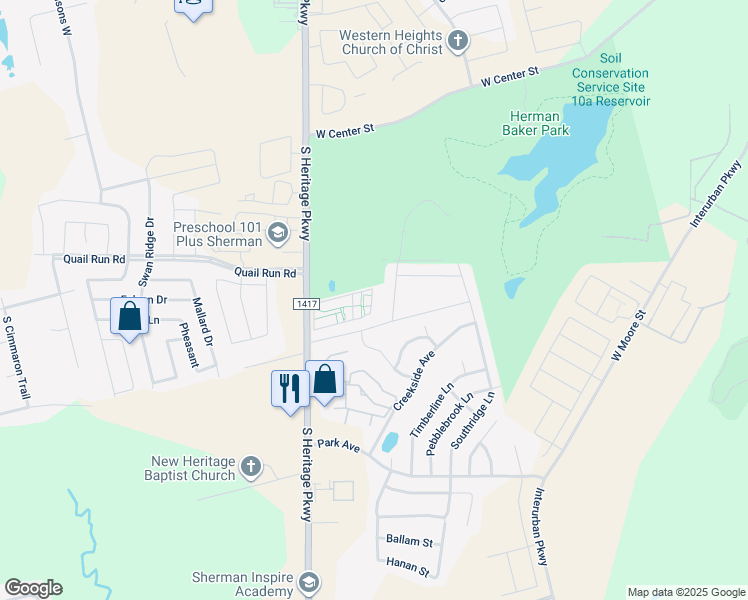 map of restaurants, bars, coffee shops, grocery stores, and more near 1305 Silverton Drive in Sherman