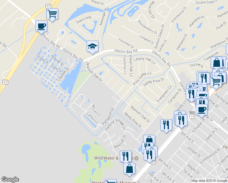 map of restaurants, bars, coffee shops, grocery stores, and more near 219 Spanish Oak Drive in Myrtle Beach