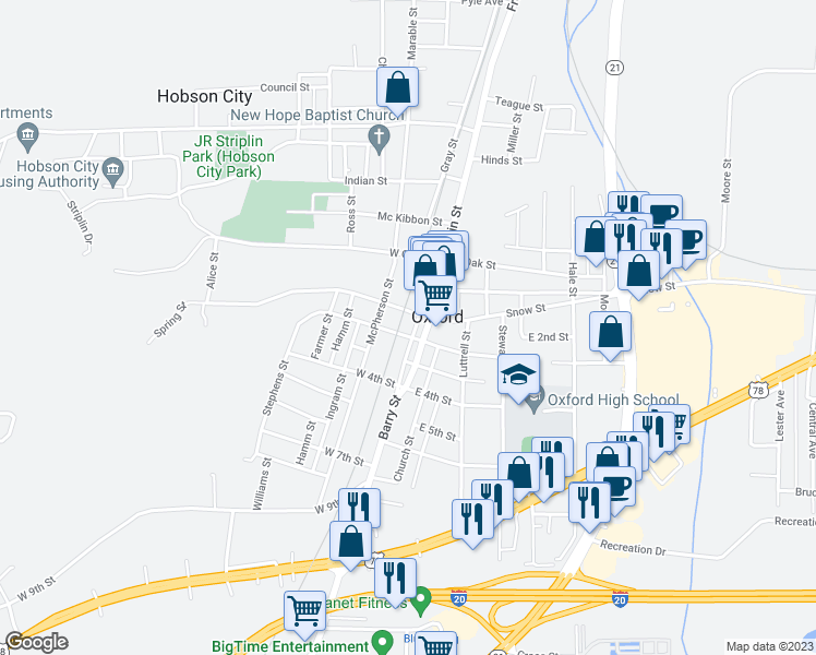 map of restaurants, bars, coffee shops, grocery stores, and more near 600 Barry Street in Oxford