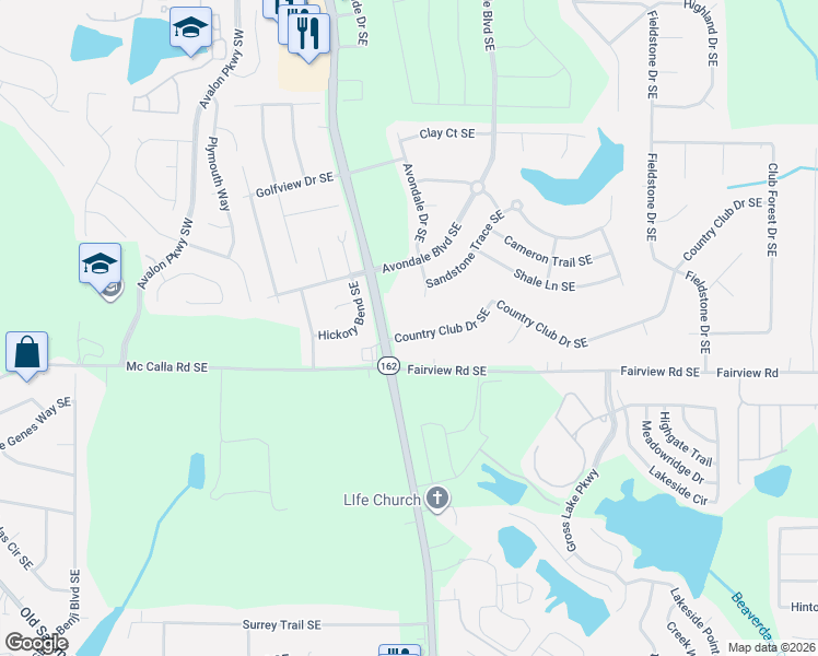 map of restaurants, bars, coffee shops, grocery stores, and more near 2229 Country Club Drive Southeast in Conyers