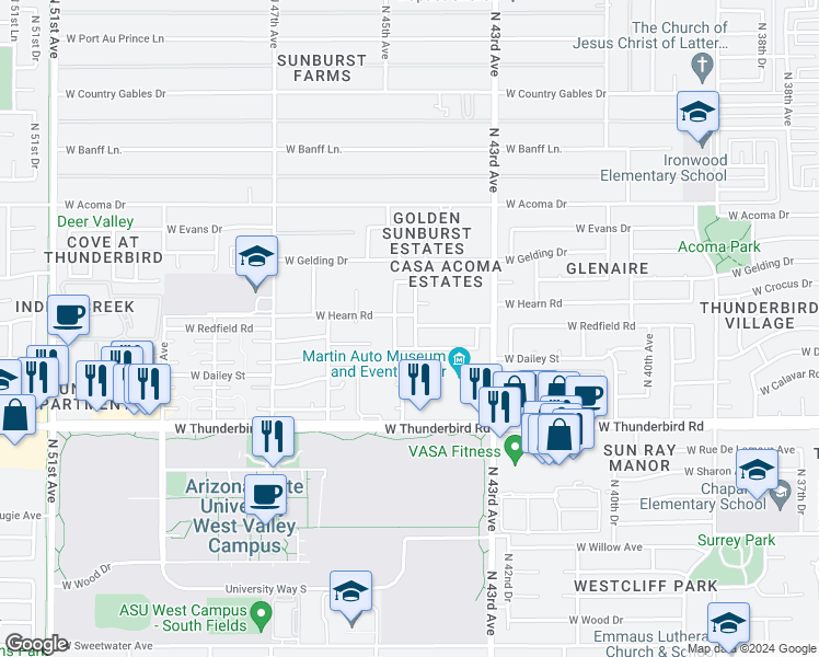 map of restaurants, bars, coffee shops, grocery stores, and more near 14030 North 44th Drive in Glendale