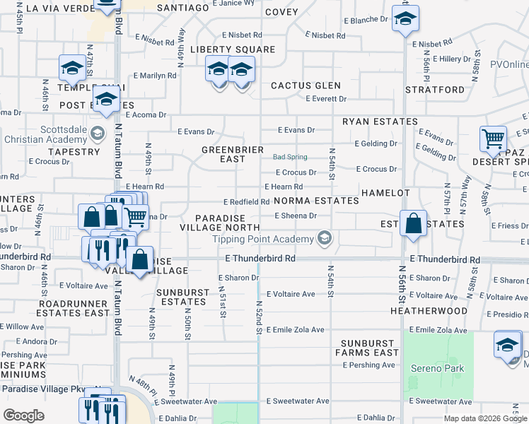 map of restaurants, bars, coffee shops, grocery stores, and more near 5201 East Sheena Drive in Scottsdale