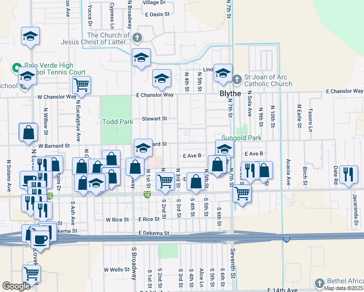 map of restaurants, bars, coffee shops, grocery stores, and more near 290 North 3rd Street in Blythe
