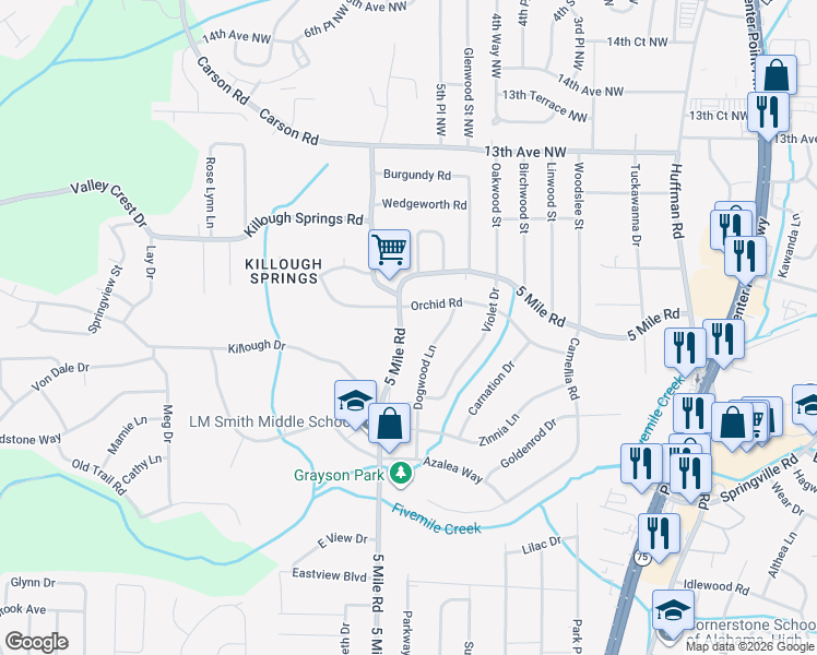 map of restaurants, bars, coffee shops, grocery stores, and more near 1181 5 Mile Road in Birmingham