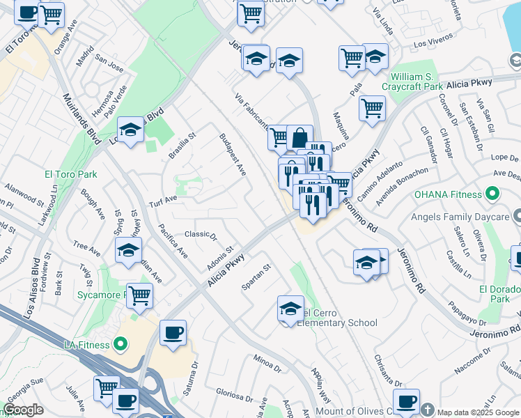map of restaurants, bars, coffee shops, grocery stores, and more near 23962 Warsaw Street in Mission Viejo