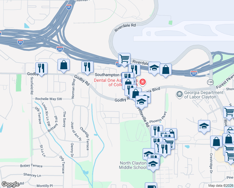 map of restaurants, bars, coffee shops, grocery stores, and more near 1897 Godby Road in Atlanta