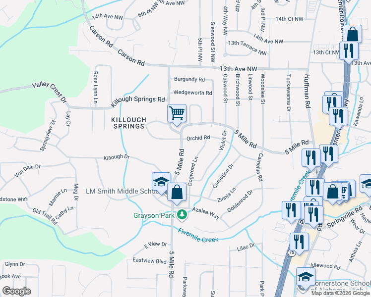 map of restaurants, bars, coffee shops, grocery stores, and more near 1172 Dogwood Lane in Birmingham