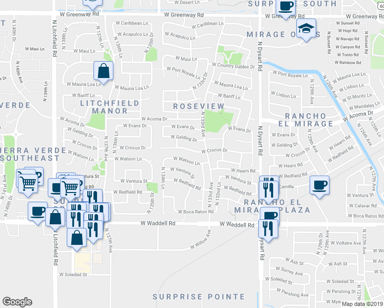 map of restaurants, bars, coffee shops, grocery stores, and more near 13401 West Watson Lane in Surprise