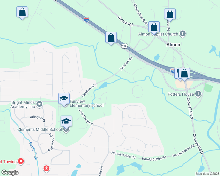 map of restaurants, bars, coffee shops, grocery stores, and more near 3539 Fairview Road in Covington