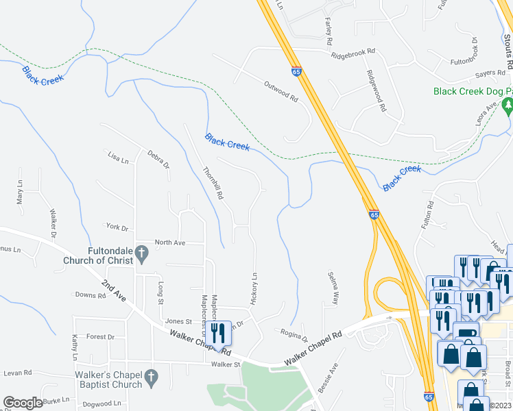 map of restaurants, bars, coffee shops, grocery stores, and more near 2009 Hickory Lane in Fultondale