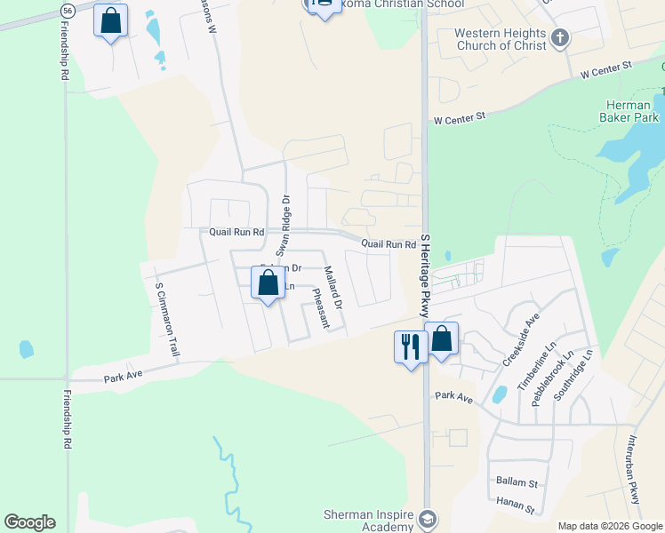 map of restaurants, bars, coffee shops, grocery stores, and more near 1215 Mallard Drive in Sherman
