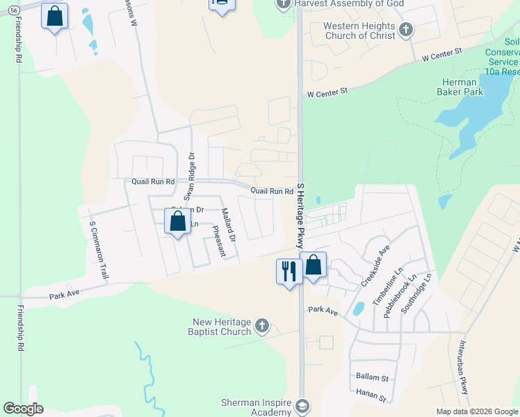 map of restaurants, bars, coffee shops, grocery stores, and more near 1301 Saratoga Drive in Sherman