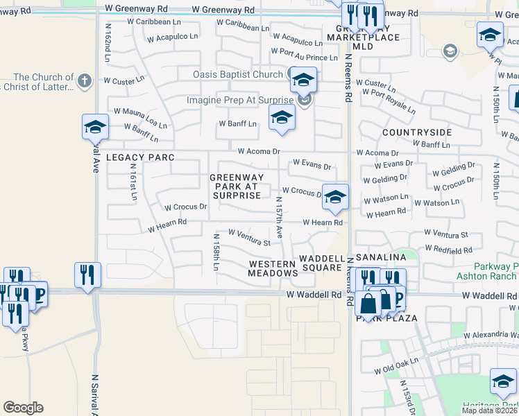 map of restaurants, bars, coffee shops, grocery stores, and more near 15749 West Watson Lane in Surprise