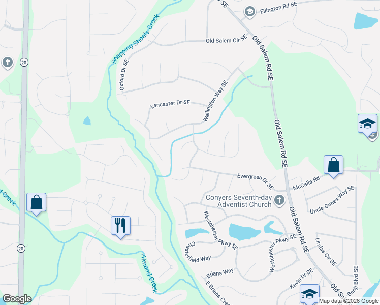 map of restaurants, bars, coffee shops, grocery stores, and more near 3220 Leyland Way Southeast in Conyers