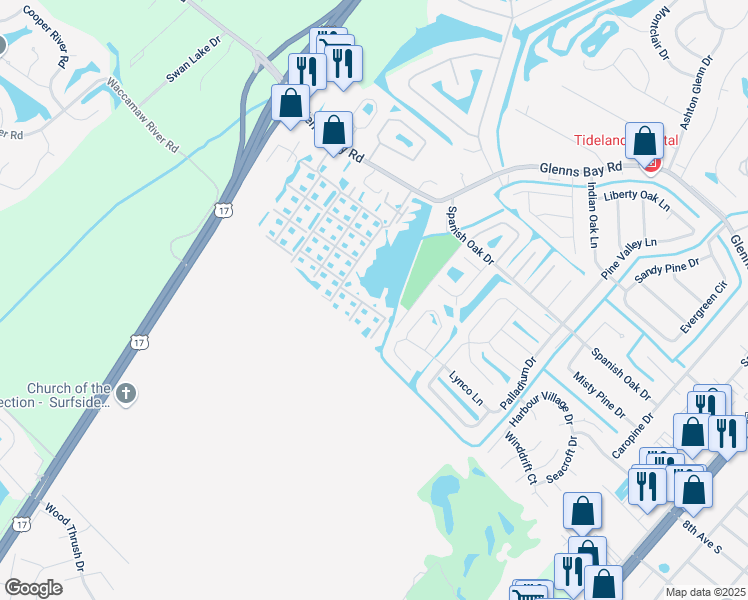 map of restaurants, bars, coffee shops, grocery stores, and more near 2150 Clearwater Drive in Surfside Beach