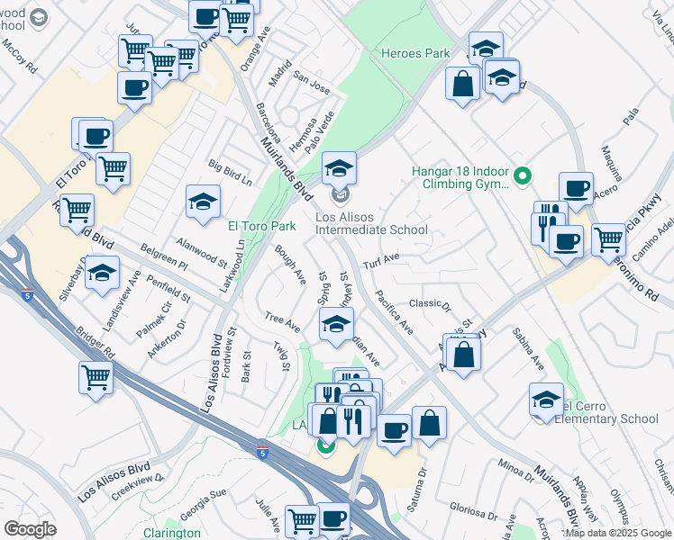 map of restaurants, bars, coffee shops, grocery stores, and more near 23971 Lindley Street in Mission Viejo
