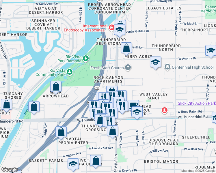 map of restaurants, bars, coffee shops, grocery stores, and more near 14300 North 83rd Avenue in Peoria