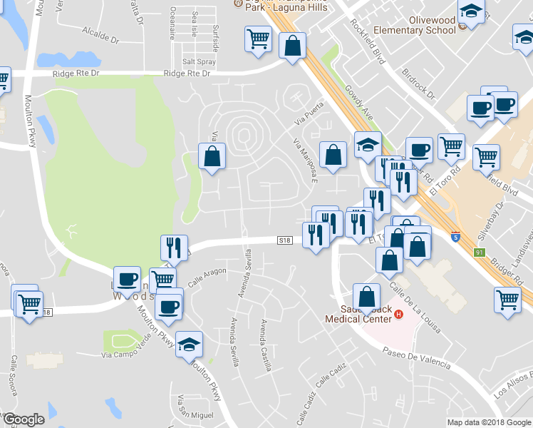 map of restaurants, bars, coffee shops, grocery stores, and more near 2191 Via Mariposa East in Laguna Woods