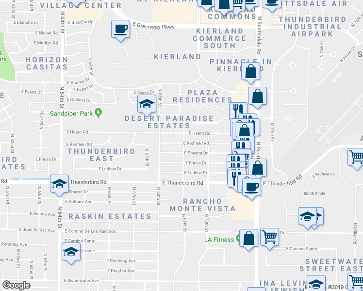 map of restaurants, bars, coffee shops, grocery stores, and more near 6836 East Sheena Drive in Scottsdale