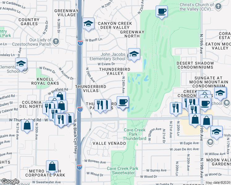 map of restaurants, bars, coffee shops, grocery stores, and more near 2425 West Redfield Road in Phoenix