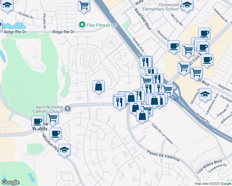 map of restaurants, bars, coffee shops, grocery stores, and more near 2055 Via Mariposa East in Laguna Woods