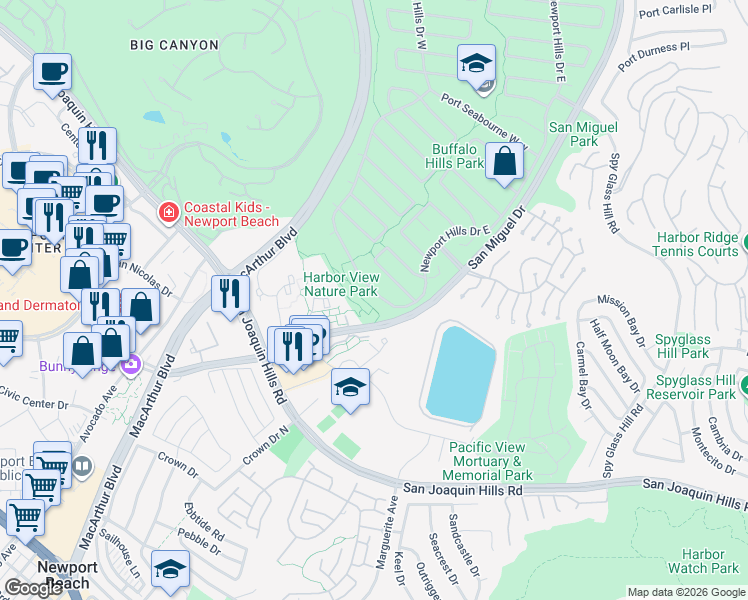 map of restaurants, bars, coffee shops, grocery stores, and more near 1691 San Miguel Drive in Newport Beach