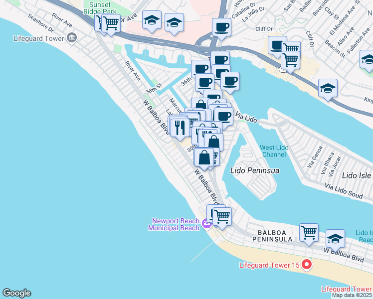 map of restaurants, bars, coffee shops, grocery stores, and more near 126 30th Street in Newport Beach