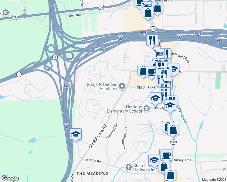 map of restaurants, bars, coffee shops, grocery stores, and more near 2742 Sand Lake Court in College Park