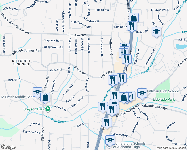 map of restaurants, bars, coffee shops, grocery stores, and more near 1417 5 Mile Road in Birmingham