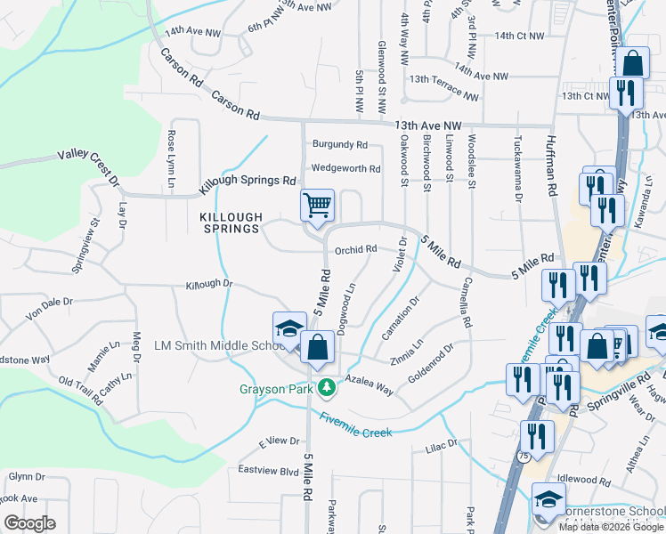map of restaurants, bars, coffee shops, grocery stores, and more near 1172 Dogwood Lane in Birmingham