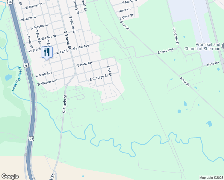 map of restaurants, bars, coffee shops, grocery stores, and more near 418 East Sherman Street in Sherman