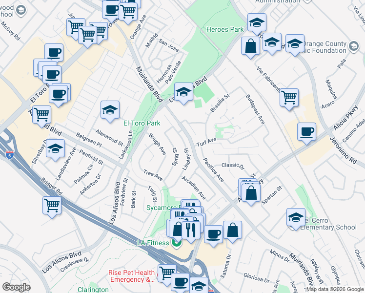 map of restaurants, bars, coffee shops, grocery stores, and more near 23971 Lindley Street in Mission Viejo