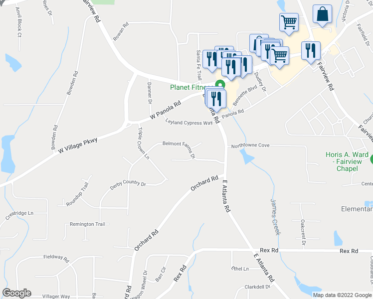map of restaurants, bars, coffee shops, grocery stores, and more near 115 Belmont Farms Drive in Ellenwood
