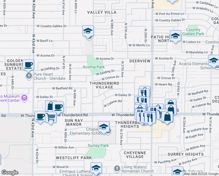 map of restaurants, bars, coffee shops, grocery stores, and more near 3743 West Redfield Road in Phoenix