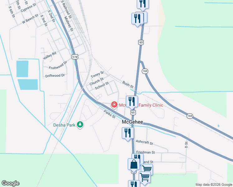 map of restaurants, bars, coffee shops, grocery stores, and more near 603 Dixie Street in McGehee