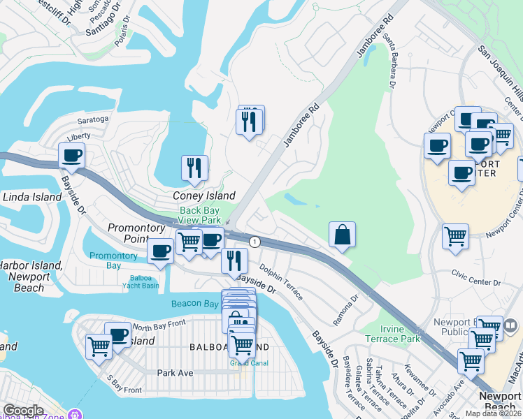map of restaurants, bars, coffee shops, grocery stores, and more near 140 Villa Point Drive in Newport Beach