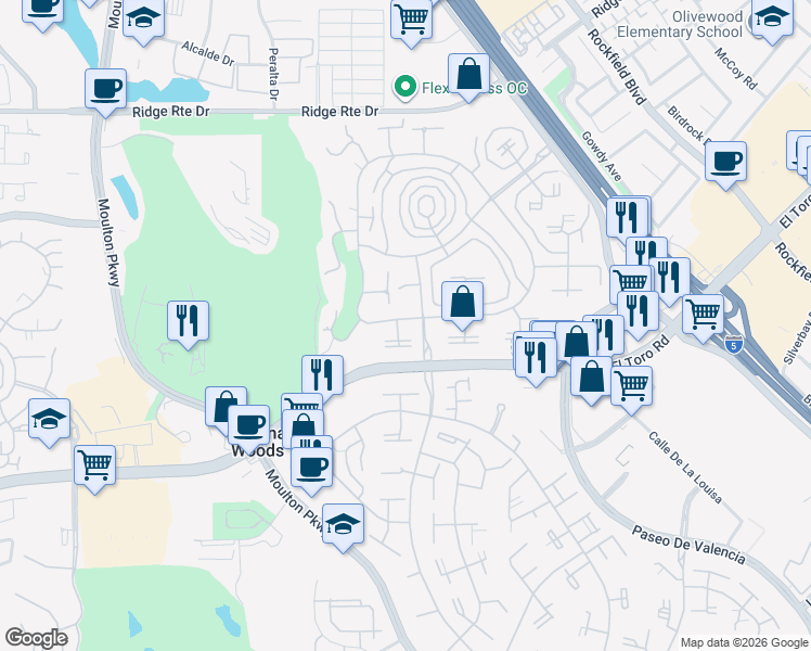 map of restaurants, bars, coffee shops, grocery stores, and more near 2057 Via Mariposa West in Laguna Woods