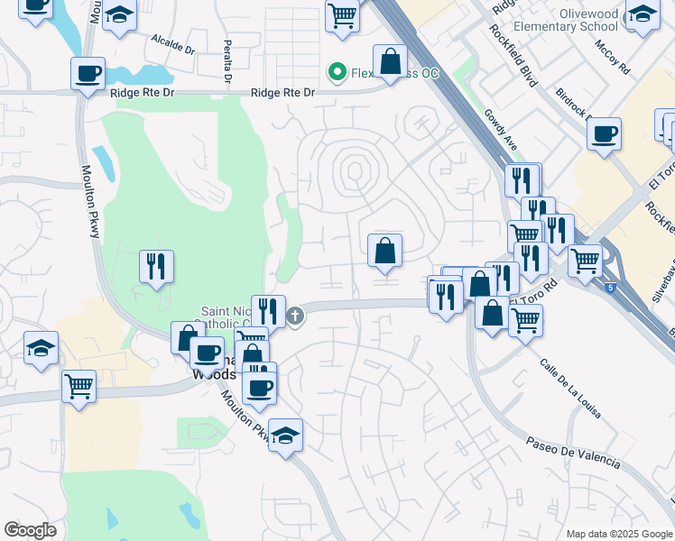 map of restaurants, bars, coffee shops, grocery stores, and more near 2057 Via Mariposa West in Laguna Woods