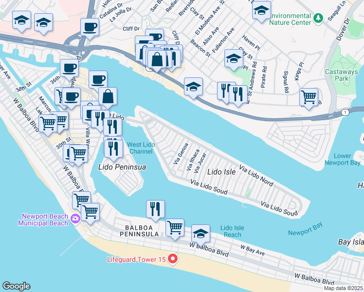 map of restaurants, bars, coffee shops, grocery stores, and more near 335 Piazza Lido in Newport Beach
