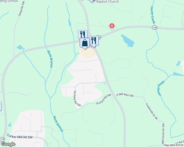 map of restaurants, bars, coffee shops, grocery stores, and more near 3050 Orchard Road Southwest in Conyers