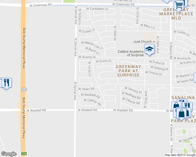map of restaurants, bars, coffee shops, grocery stores, and more near 14268 North 160th Drive in Surprise