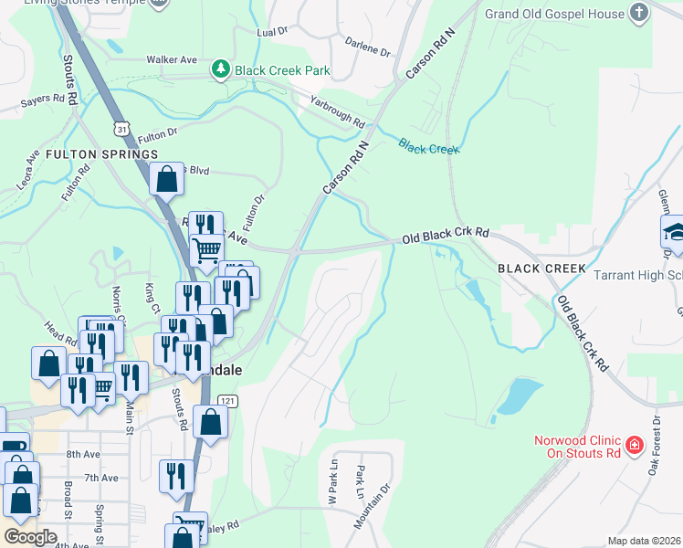 map of restaurants, bars, coffee shops, grocery stores, and more near 3702 Grand Central Avenue in Fultondale