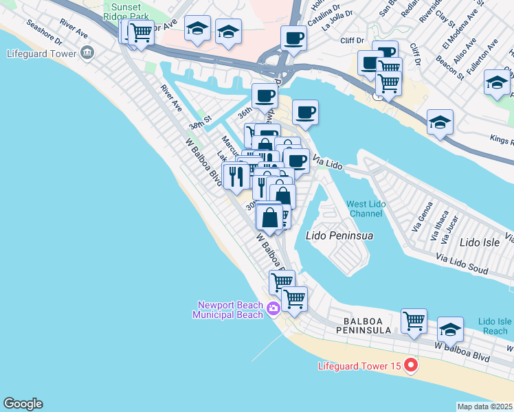 map of restaurants, bars, coffee shops, grocery stores, and more near 126 30th Street in Newport Beach