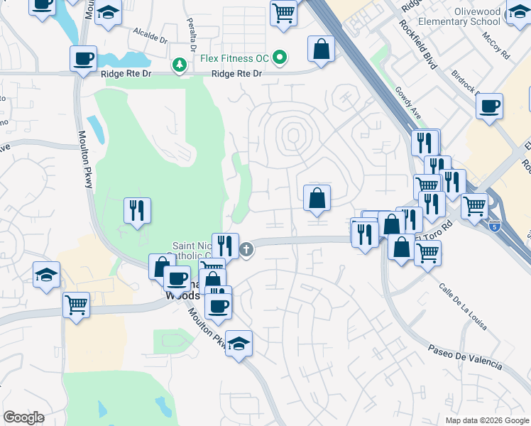 map of restaurants, bars, coffee shops, grocery stores, and more near 23302 Via Mariposa East in Laguna Woods